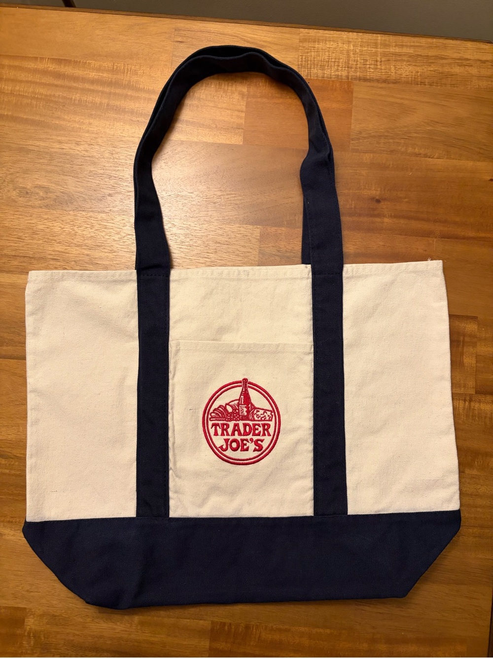 Trader Joe's Large Canvas Tote Bag in Navy & Cream
